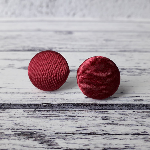Cherry Red Satin Fabric Button Stud Earrings