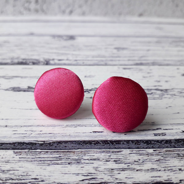 Cerise Pink Satin Fabric Button Stud Earrings