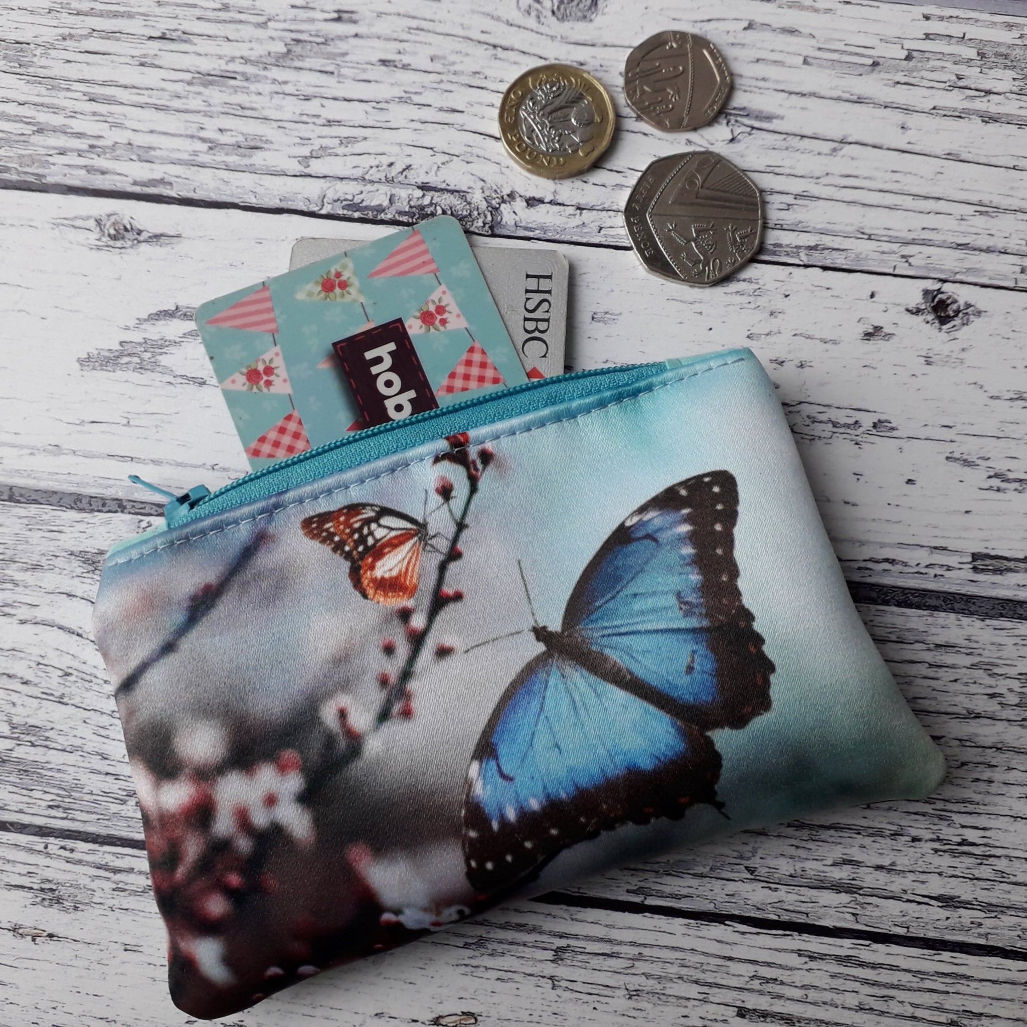 Blue Butterfly Blossom Zipper Coin Purse Pouch