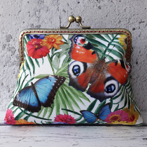 Tropical Floral Butterflies Satin Clutch Bag Purse