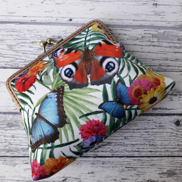 Tropical Floral Butterflies Satin Clutch Bag Purse