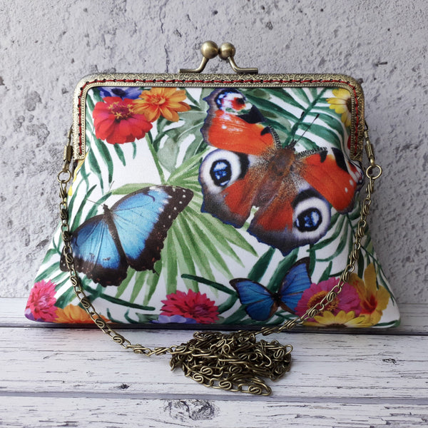Tropical Floral Butterflies Satin Clutch Bag Purse