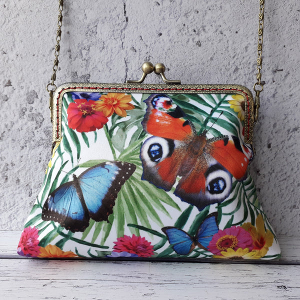 Tropical Floral Butterflies Satin Clutch Bag Purse