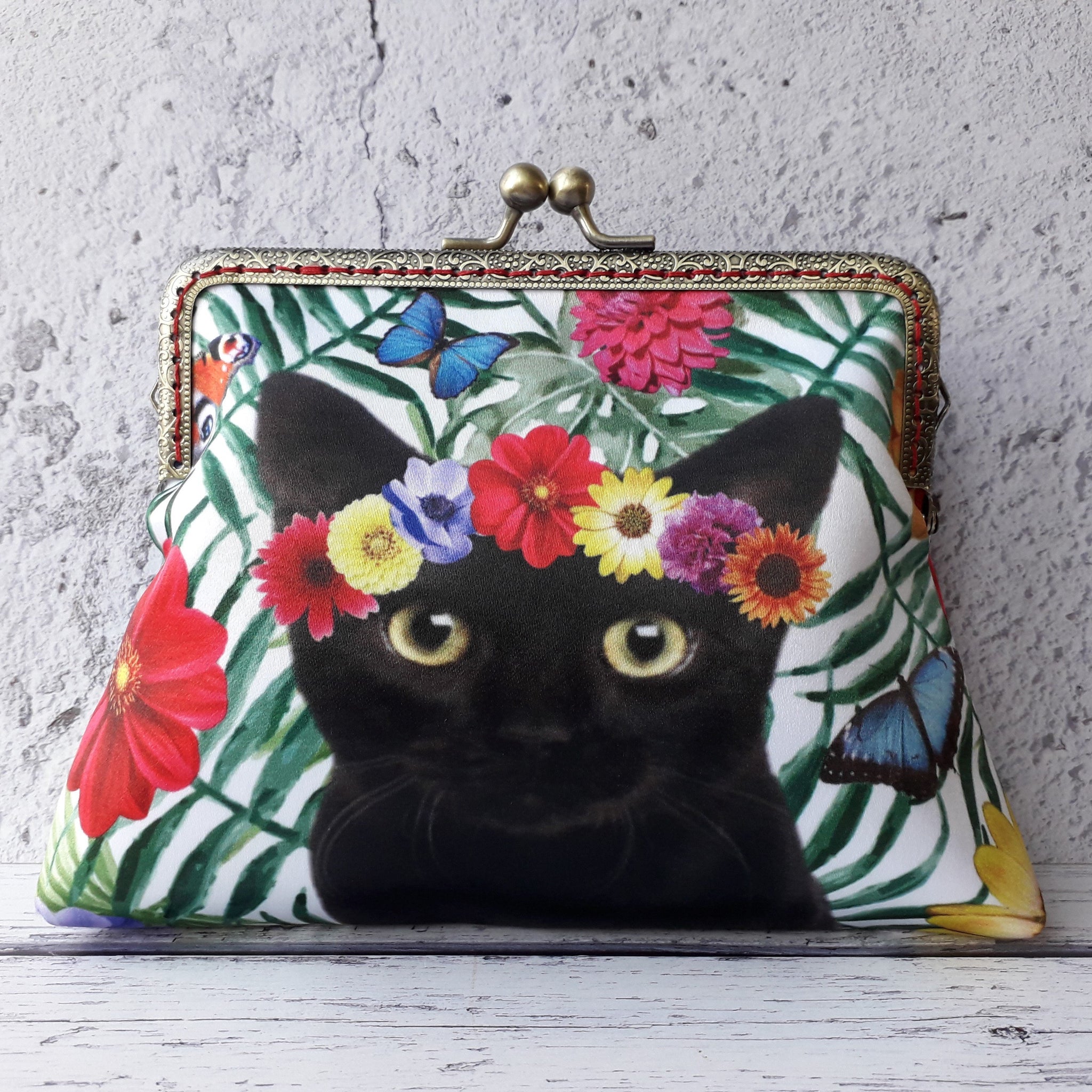 Tropical Floral Black Cat Satin Clutch Bag Purse Wedding Gift for Her 