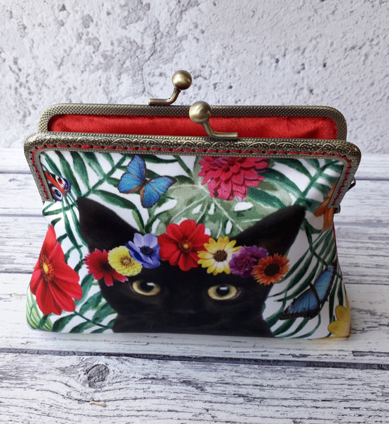 Tropical Floral Black Cat Satin Clutch Bag Purse Wedding Gift for Her 