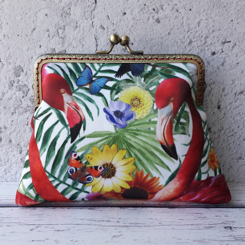 Tropical Blue Hummingbird and Butterfly Floral Satin Clutch Bag