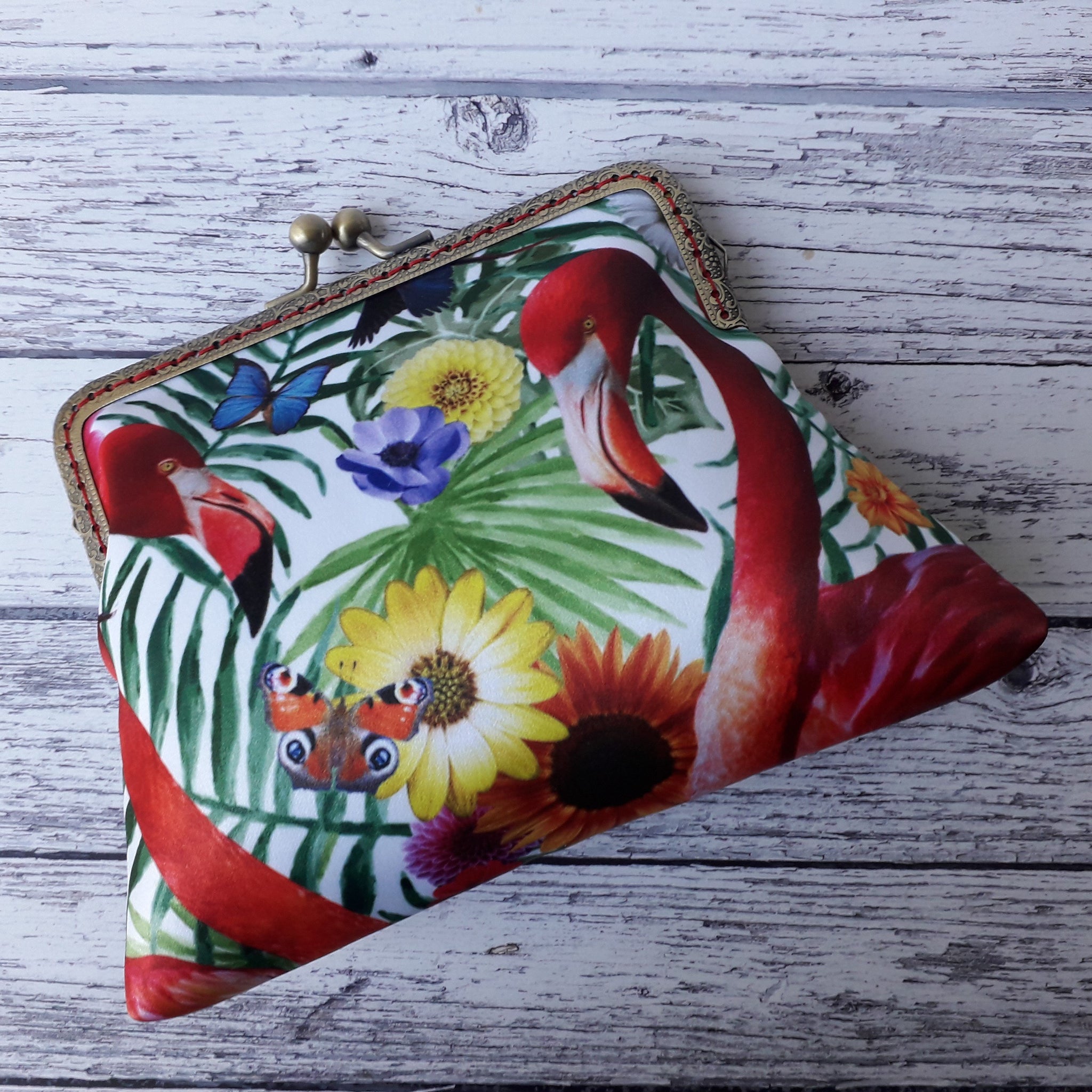 Tropical Flamingos and Butterflies Satin 5.5 Inch Bronze Clasp Purse Frame Clutch Bag