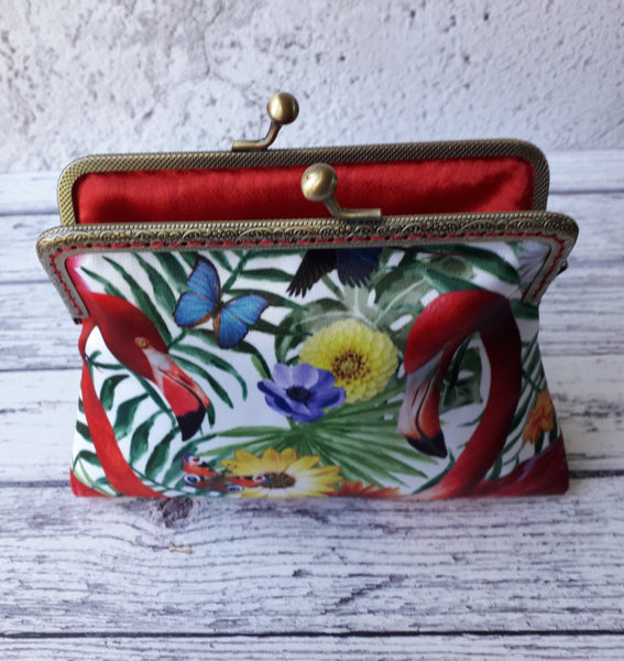 Tropical Blue Hummingbird and Butterfly Floral Satin Clutch Bag