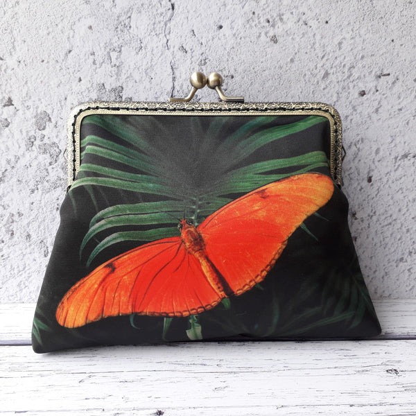 Orange Butterfly and Green Tropical Leaf Satin Clutch Bag