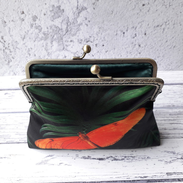 Orange Butterfly and Green Leaf Satin 5.5 Inch Clasp Purse Frame Clutch Bag