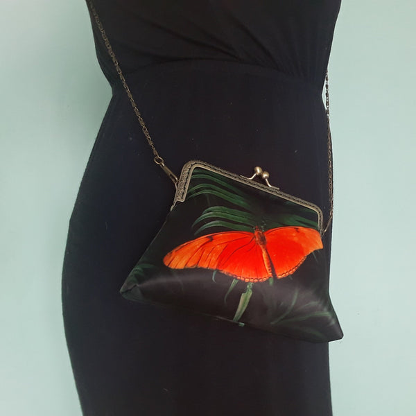 Orange Butterfly and Green Tropical Leaf Satin Clutch Bag