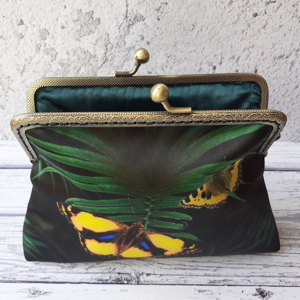 Yellow Butterflies and Tropical Leaf Satin 5.5 Inch Bronze Clasp Purse Frame Clutch Bag