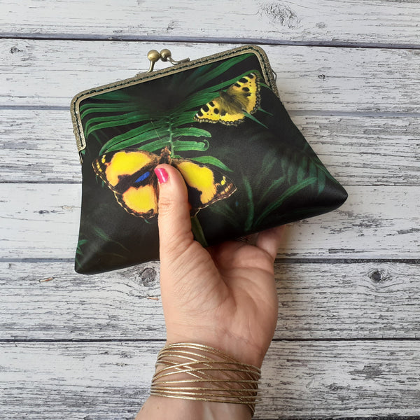 Yellow Butterflies and Green Tropical Leaf Satin Clutch Bag