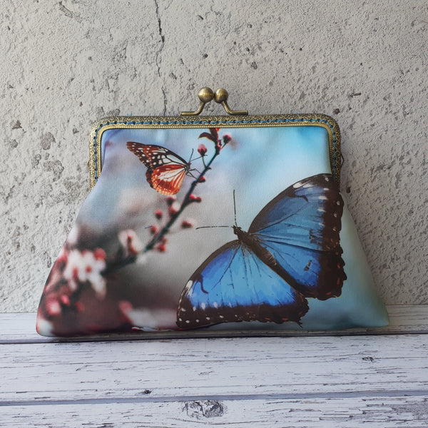 Blue Butterfly and Blossom Satin Clutch Bag