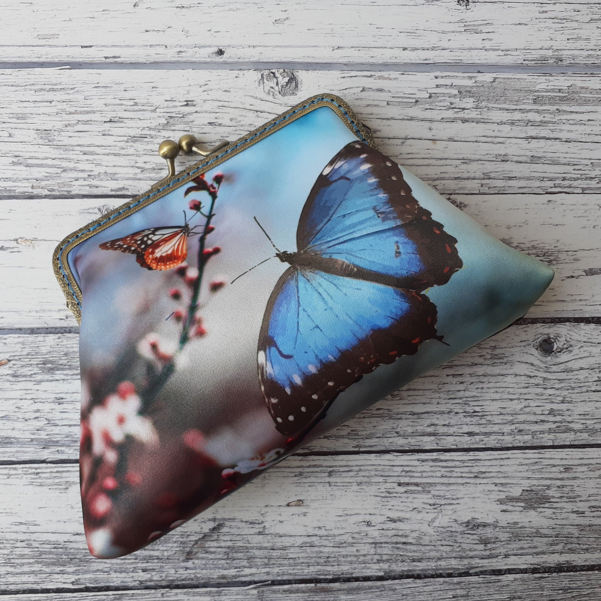 Blue Butterfly and Blossom Satin Clutch Bag