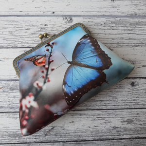 Blue Butterfly and Blossom Satin Clutch Bag