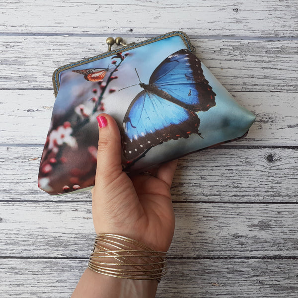 Blue Butterfly and Blossom Satin Clutch Bag