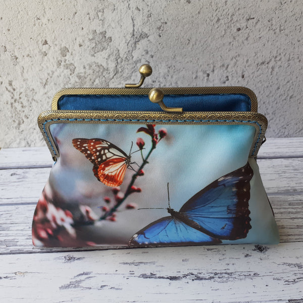 Blue Butterfly and Blossom Satin 5.5 Inch Clasp Purse Frame Clutch Bag