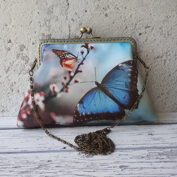 Blue Butterfly and Blossom Satin Clutch Bag