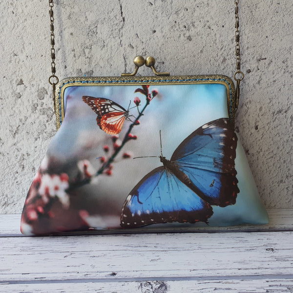 Blue Butterfly and Blossom Satin Clutch Bag