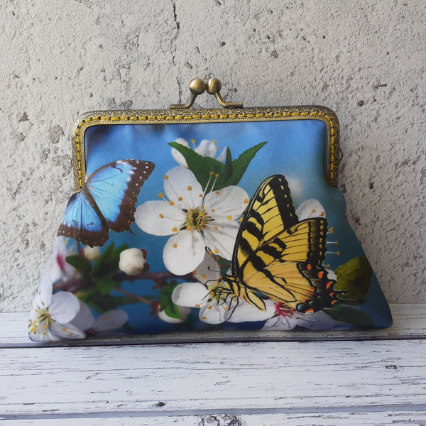 Yellow Butterfly and Blossom Satin Clutch Bag