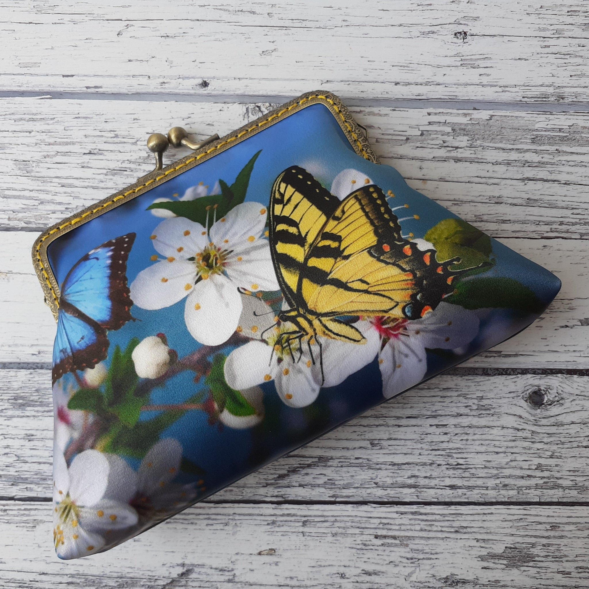 Yellow Butterfly and Blossom Satin Clutch Bag