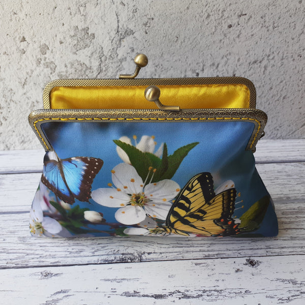 Yellow Butterfly and Blossom Satin 5.5 Inch Bronze Clasp Purse Frame Clutch Bag