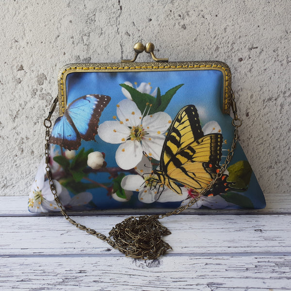 Yellow Butterfly and Blossom Satin Clutch Bag