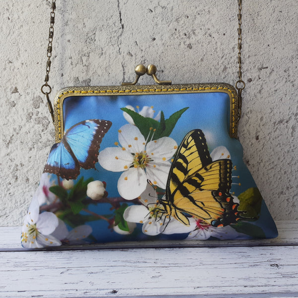 Yellow Butterfly and Blossom Satin Clutch Bag
