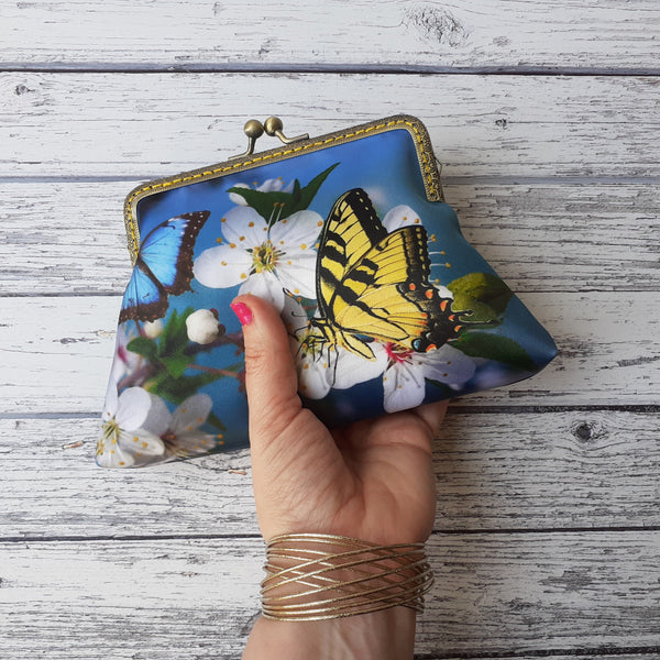 Yellow Butterfly and Blossom Satin Clutch Bag