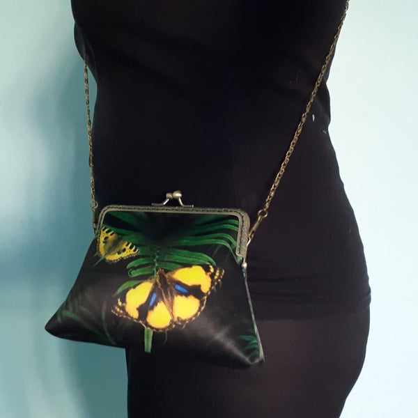 Yellow Butterflies and Green Tropical Leaf Satin Clutch Bag