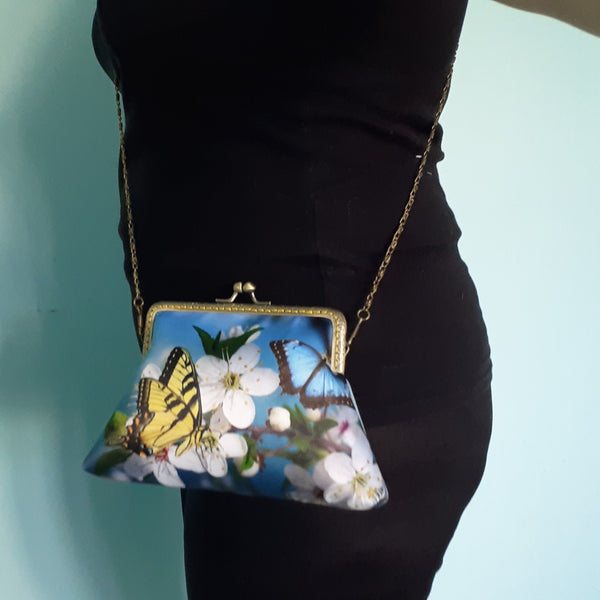 Yellow Butterfly and Blossom Satin Clutch Bag