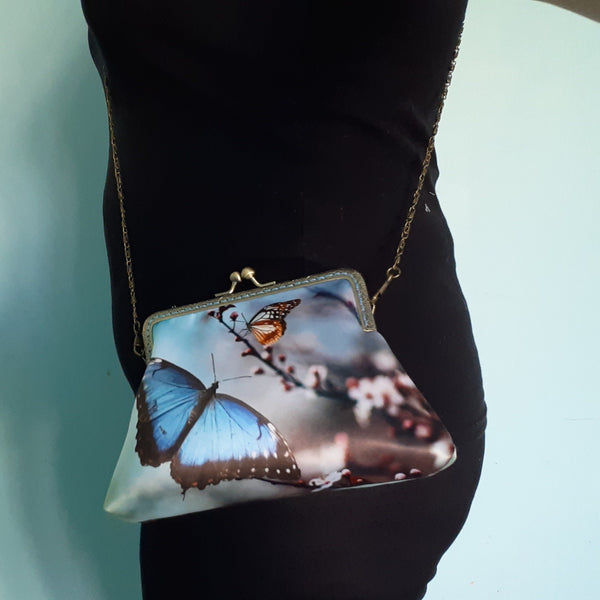 Blue Butterfly and Blossom Satin Clutch Bag