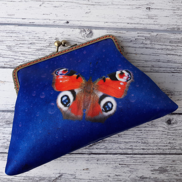 Red and Orange Butterfly Blue Satin Clutch Bag