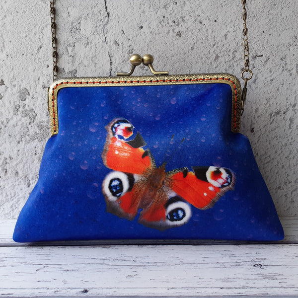 Red and Orange Butterfly Blue Satin Clutch Bag