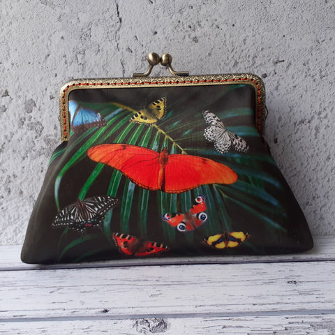 Tropical Butterflies Green Leaf Satin Clasp Frame Clutch Bag