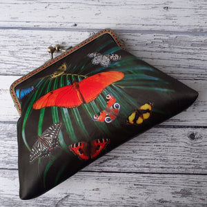 Tropical Butterflies Green Leaf Satin Clasp Frame Clutch Bag