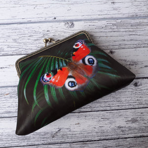 Red Butterfly and Tropical Leaf 5.5 Inch Satin Clasp Purse Frame Clutch Bag