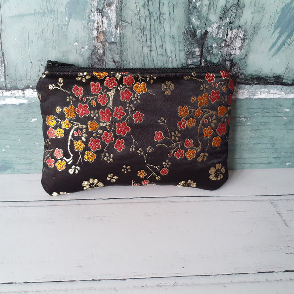 Black and Gold Blossom Floral Brocade Coin Zipper Purse Pouch