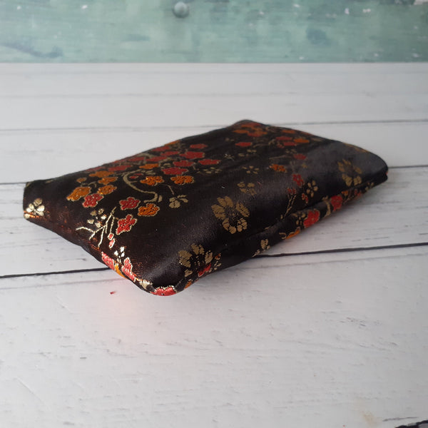 Black and Gold Blossom Floral Brocade Coin Zipper Purse Pouch