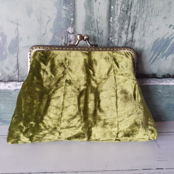 Olive Green Crushed Velvet 5.5 Inch Clasp Purse Frame Clutch Bag