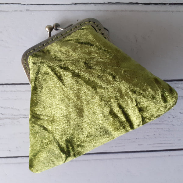 Crushed Olive Green Velvet Credit Card Coin Clasp Purse Pouch