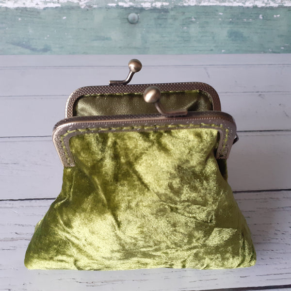 Crushed Olive Green Velvet Credit Card Coin Clasp Purse Pouch