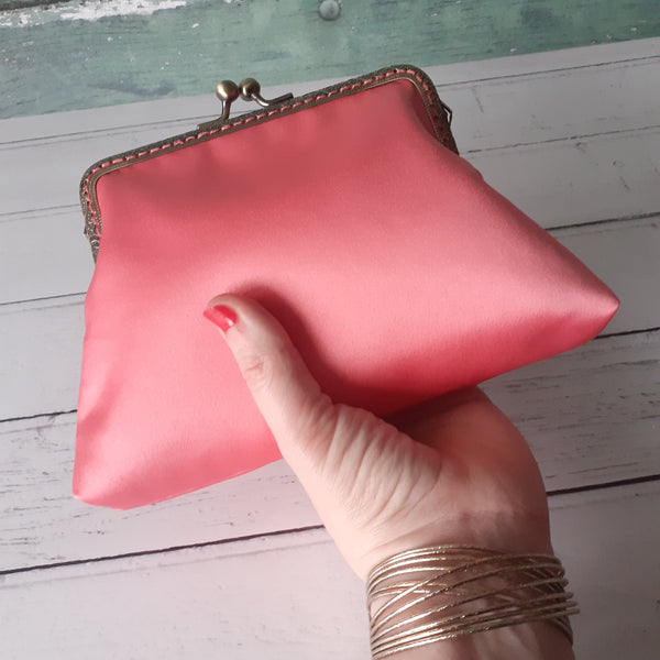 Coral Pink Satin 5.5 Inch Clasp Purse Frame Clutch Bag