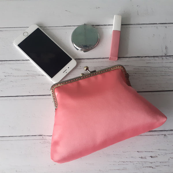 Coral Pink Satin 5.5 Inch Clasp Purse Frame Clutch Bag