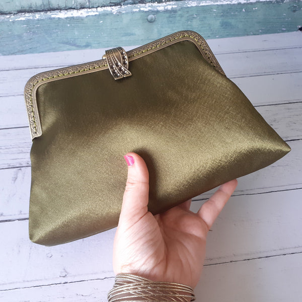 Olive Green Satin 8 Inch Wave Clasp Purse Frame Clutch Bag