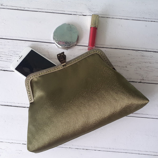 Olive Green Satin 8 Inch Wave Clasp Purse Frame Clutch Bag