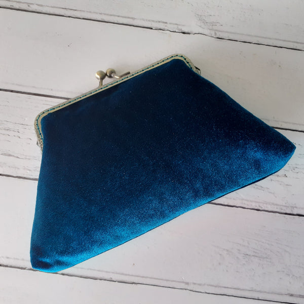 Petrol Blue Velvet 5.5 Inch Clasp Purse Frame Clutch Bag