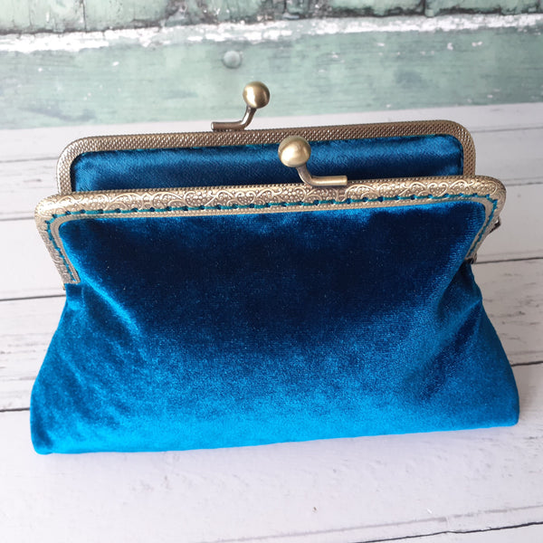 Petrol Blue Velvet 5.5 Inch Clasp Purse Frame Clutch Bag