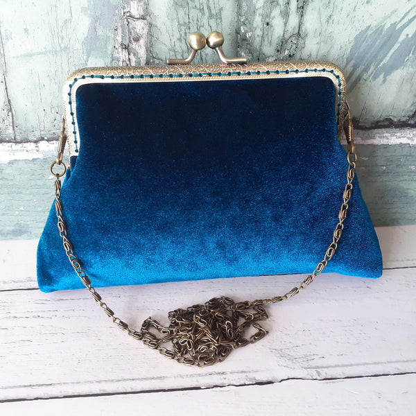 Petrol Blue Velvet 5.5 Inch Clasp Purse Frame Clutch Bag